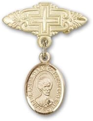14K Gold Baby Badge with St. Louis Marie de Montfort Charm and Badge Pin with Cross