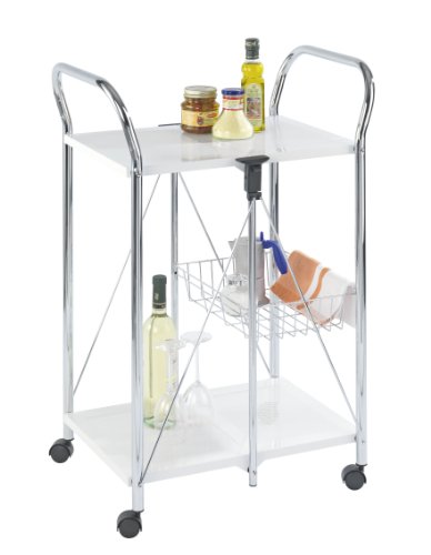 WENKO 900030100 Beistell- und K&uuml;chenwagen Sunny - zusammenklappbar, Ablagekorb, Chrom, 60 x 90 x 44 cm, wei&szlig;