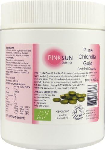 Organic Chlorella Tablets 1000 x 500mg Tabs 500g Broken Cell Wall Chlorella Pyrenoidosa Certified Organic by the Soil Association - PINK SUN by PINK SUN Ltd