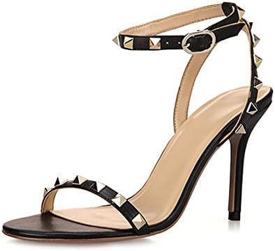 Isastyle Women's High Heel Shoes Big Size Sandals Rivet Open Toe Buckle Stiletto Pumps for Party Wedding Dress Black US 4