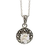 Sterling Silver Marcasite & CZ Round Pendant Necklace - 16