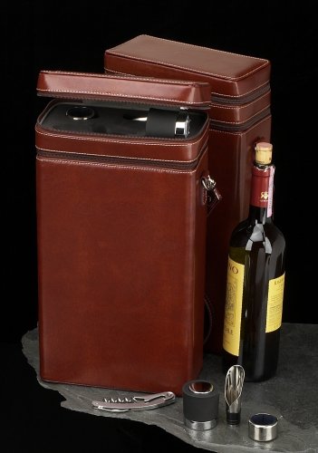 Executive Cognac Brown Genuine Leather Wine Carrier Caddy Case For Two Bottles with 4 Bottle Accessories