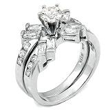 Sterling Silver Cubic Zirconia CZ Wedding Engagement Ring Set