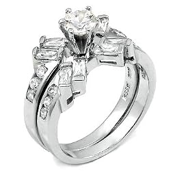 Sterling Silver Cubic Zirconia CZ Wedding Engagement Ring Set Sz 5