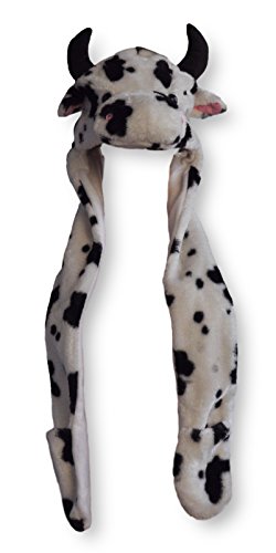 Fuzzy Animal Winter Ski Snow Hat With or Without Mitten Sleeves (Cow with Sleeves)