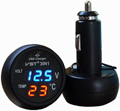 Prime Autobots® 3 in 1 Digital Voltmeter Thermometer 12/24V Cigarette Lighter USB Car Charger (Blue)