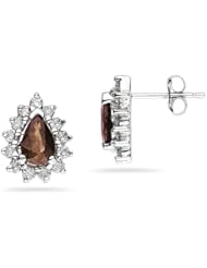 6X4mm Pear Shaped Smokey Quartz and Diamond Flower Earrings in 14k White Gold