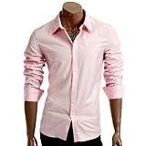 DOUBLJU Mens Casual Long Sleeve Various Color Soft Shinning Fabric Basic Design Shirt PINK M (A03)
