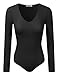 Doublju Womens Long Sleeve V-Neck Rayon & RibbedKnit Bodysuit (Made In USA)