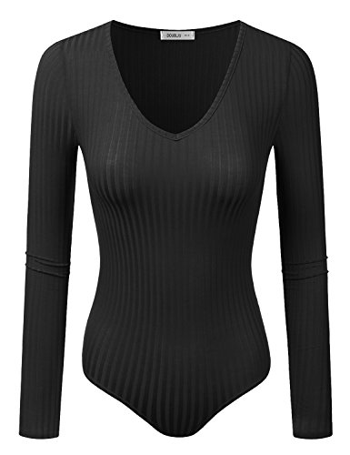 Doublju Womens Long Sleeve V-Neck Rayon & RibbedKnit Bodysuit (Made In USA)