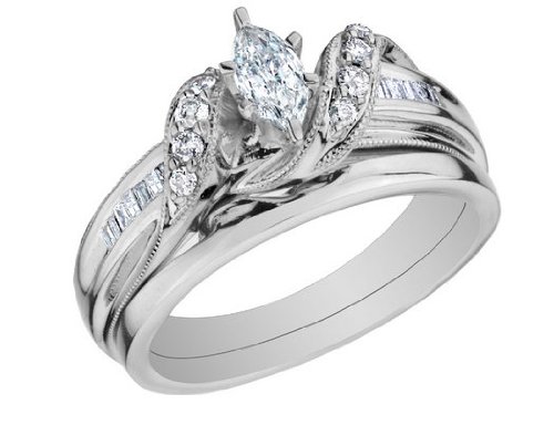 Diamond Marquise Engagement Ring and Wedding Band Set 1/2 Carat (ctw) in 14K White Gold