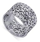 Sterling Silver Geometric Cut-Out 13mm Wide Filigree Design Polished Finished Band Ring Size 6, 7, 8, 9, 10