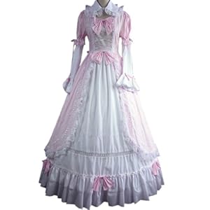 Women Long Sleeves Bowknot Ruffles Two Color Gothic Victorian Dress Small,Pink