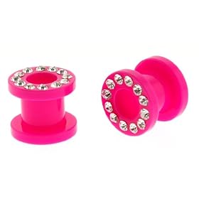 NEON Pink Acrylic Screw on Plug with Clear Crystals - 4g - Sold as a Pair