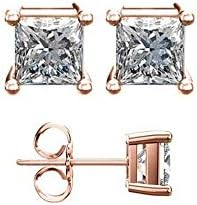 Authentic Sterling Silver Princess Rose Gold Stud Earrings 1.00 Carat