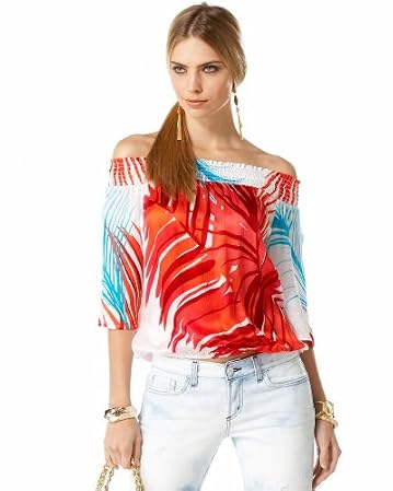  bebe.com Palm Leaf Silk Off Shoulder Top  :  palm leaf silk off shoulder top silk top bebe