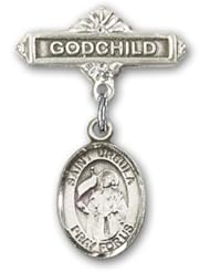 Sterling Silver Baby Badge with St. Ursula Charm and Godchild Badge Pin