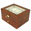 Watch Box for 20 Watches Burlwood Finish Glass Window Extra Clearance Gold Tone Hardware Lock and Key