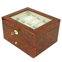 Watch Box for 20 Watches Burlwood Finish Glass Window Extra Clearance Gold Tone Hardware Lock and Key