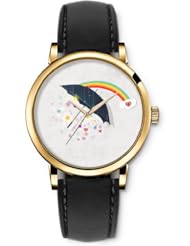 SPRAWL Aanalog Fashion Series Gold Ladies Watches of Genuine Black Leather Strap,Unique Wrist Watch for Women Girls Designed with Umbrellas and rainbows