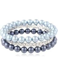 Blue Tonal Simulated Pearl and Crystal Silver-Tone 3-Row Stretch Bracelet, 7"