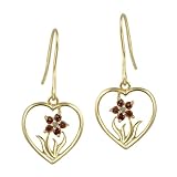 18k Gold Plated Sterling Silver Heart with Garnet Flower Center French Wire Earrings