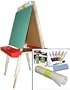 "Beka Adjustable Double-Sided Easel-and-Supplies Combo #2, Marker Board and Chalkboard Surfaces, Top Paper Holder, Red Trays"