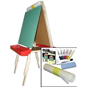"Beka Adjustable Double-Sided Easel-and-Supplies Combo #2, Marker Board and Chalkboard Surfaces, Top Paper Holder, Red Trays"