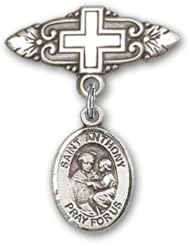 Sterling Silver Baby Badge with St. Anthony of Padua Charm and Badge Pin with Cross