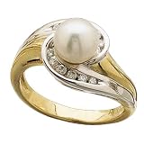 0.20 Ct. T.W. Sparkling Round Cut Diamonds, White Cultured Pearl, 14Kt. Two Tone Gold. Diamond Ring