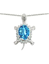Original Star K (tm) Good Luck Turtle Pendant With Oval 12x10mm Simulated Aquamarine in .925 Sterling Silver