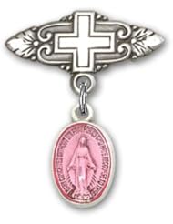 Sterling Silver Baby Badge with Pink Miraculous Charm and Badge Pin with Cross