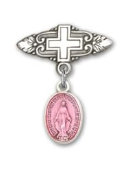 Sterling Silver Baby Badge with Pink Miraculous Charm and Badge Pin with Cross