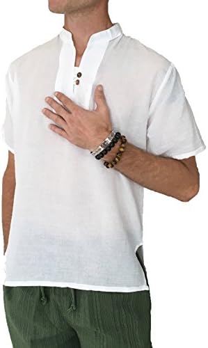 Men's White Japanese Collar Shirt 100% Cotton Hippie Yoga Top (XX-Large)