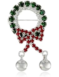 Holiday Wreath and Bells Pin with Red, Green, and Clear Faceted Glass Beads