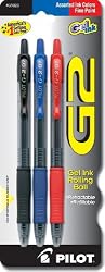 Pilot G2 Gel Ink Roller Ball Pens, 3-Pack, Red, Blue, Black Ink (31023)