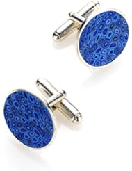 Silver Round Cufflinks - Blue Polymer Clay Jewelry for Men - Unique Handmade Groomsmen Gifts