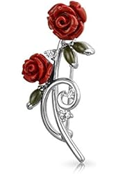 Mothers Day Gifts Red Resin Rose Jade CZ Rhodium Plated Brass Brooch Pin