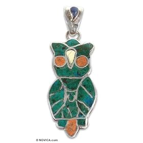 Chrysocolla and jasper pendant, 'Ancestral Owl' 0.6" W 1.6" L by 