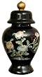 Traditional Asian Furniture & D&eacute;cor - 11" Ming Black Lacquer Birds & Flowers Ceramic Porcelain Temple Jar