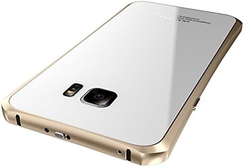 Uniqe Stand Series [Aluminum Metal Frame] with [Tempered Glass Back Case] Multi-layer Protective Case Cover for Samsung Galaxy Note 5 (Gold+White)