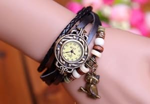 Top Seller Newest Vintage Women Leather Quartz Owl Pendant Bead Bracelet Bangle Wrist Watch