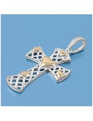 Sterling Silver Cross w/ Gold Hearts Pendant Love Christian Charm 925 Italy 30mm with 1mm Box Chain