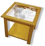 Glass Top End Table - Solid Oak, Fully Assembled - Dog Art Etching