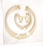 Three Strand Fresh Water Ivory Pearl Choker Necklace Crystals Loaded on Gold Locket Matching Earrings and Bracelet for Women and Teens