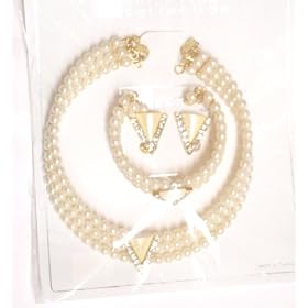 Click here to buy Three Strand Fresh Water Ivory Pearl Choker Necklace Crystals Loaded on Gold Locket Matching... by Gita.