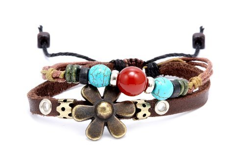 Han Made Bead Pu Leather Bracelets Double Band Antique Flower Desing Adjustable Size Include a Gift Puuch