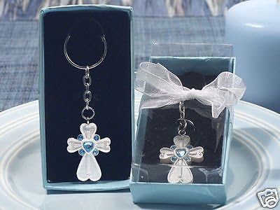 25 White Cross Blue Crystal Keychain Baptism Christening Baby Shower Favor --W#436BRE T44/35PDS17166