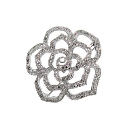 Sterling Silver Pave Set Cubic Zirconia Rose Pin
