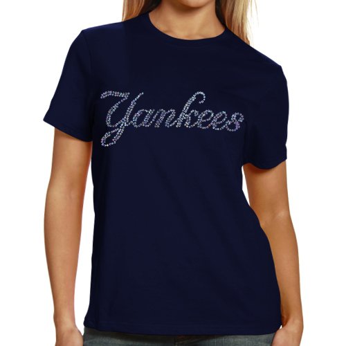 New York Yankees Ladies Sequin Jersey Logo Premium T-Shirt - Navy Blue (Small)